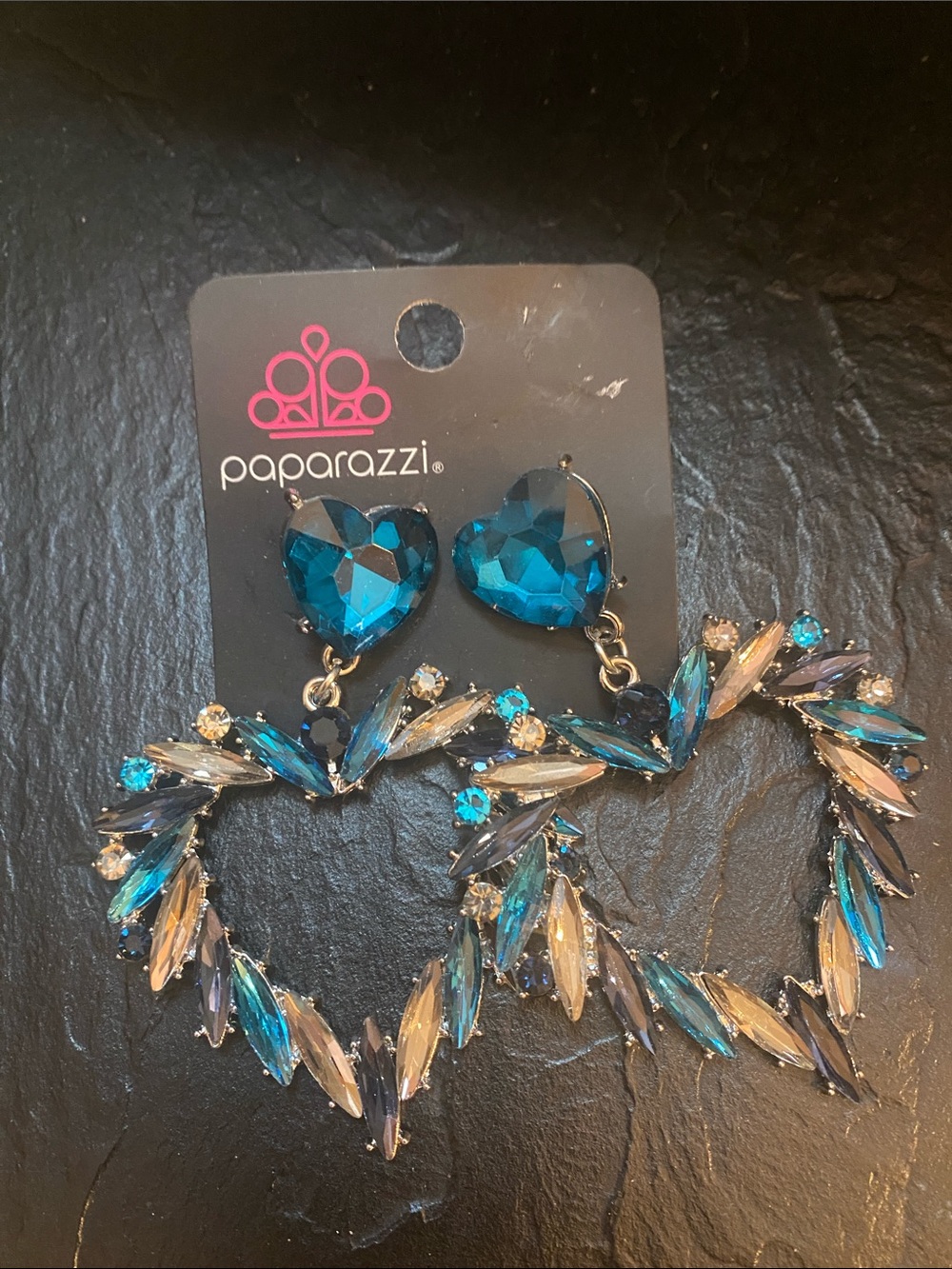 paparazzi Teal Heart Drop Crystal Hoop Earrings